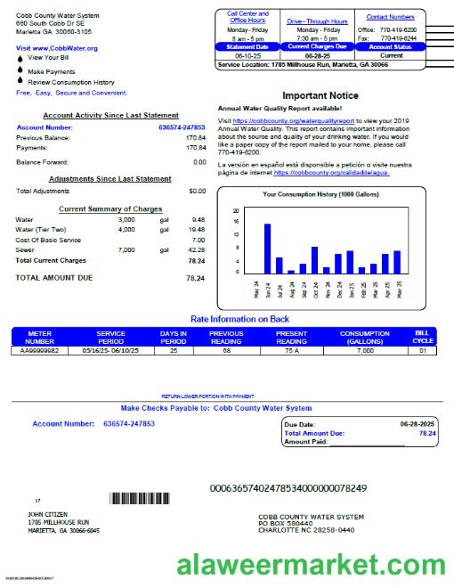 USA Cobb County Water System  utility bill template in Word and PDF formats